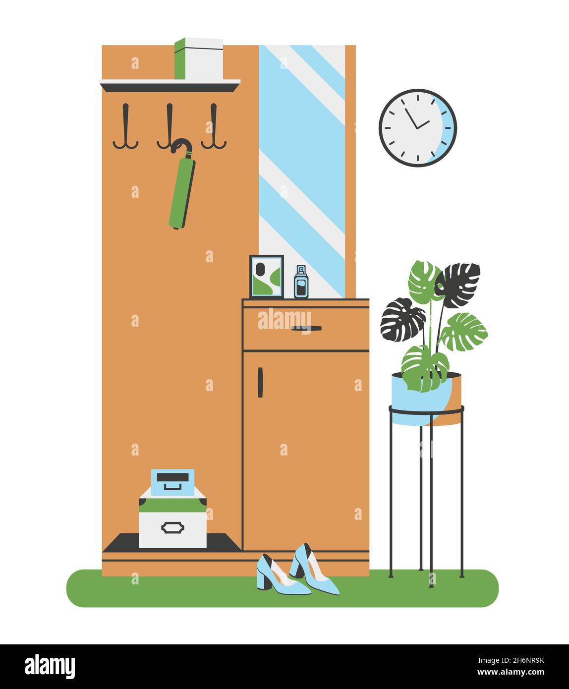 Illustrazione vettoriale piatta di interni, corridoi, mobili. Armadio con specchio e appendiabiti. Illustrazione Vettoriale