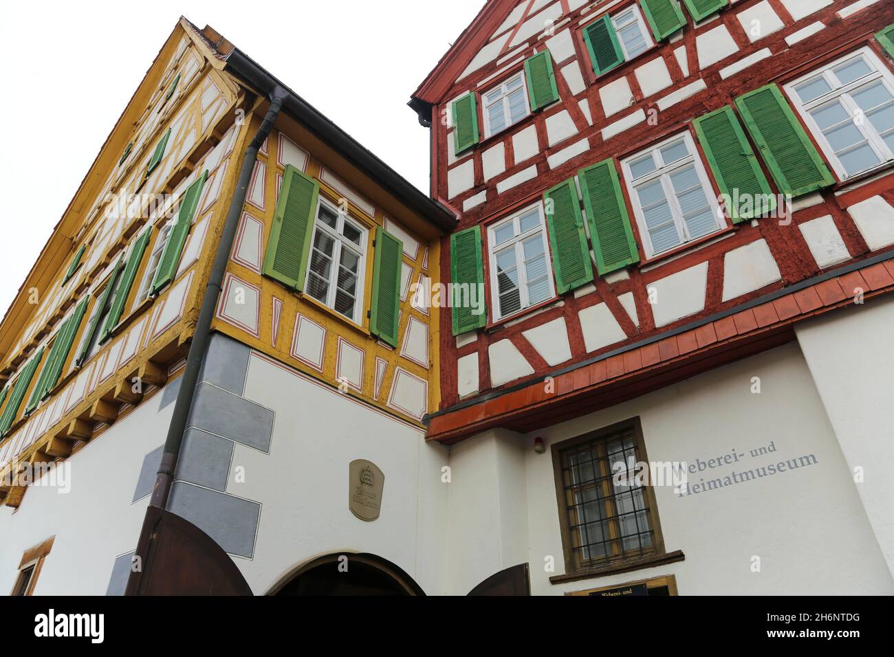 Museo della tessitura e della storia locale, case a graticcio, Laichingen, Baden-Wuerttemberg, Germania Foto Stock