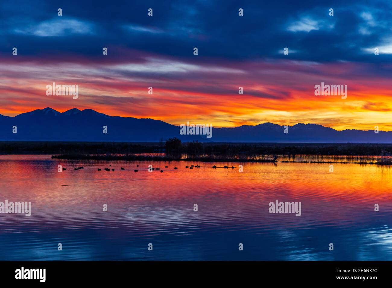 Il cielo splende dal sole che tramonta all'Eccles Wildlife Education Center, Farmington Bay Waterfowl Manage Area, Farmington, Utah, USA. Foto Stock