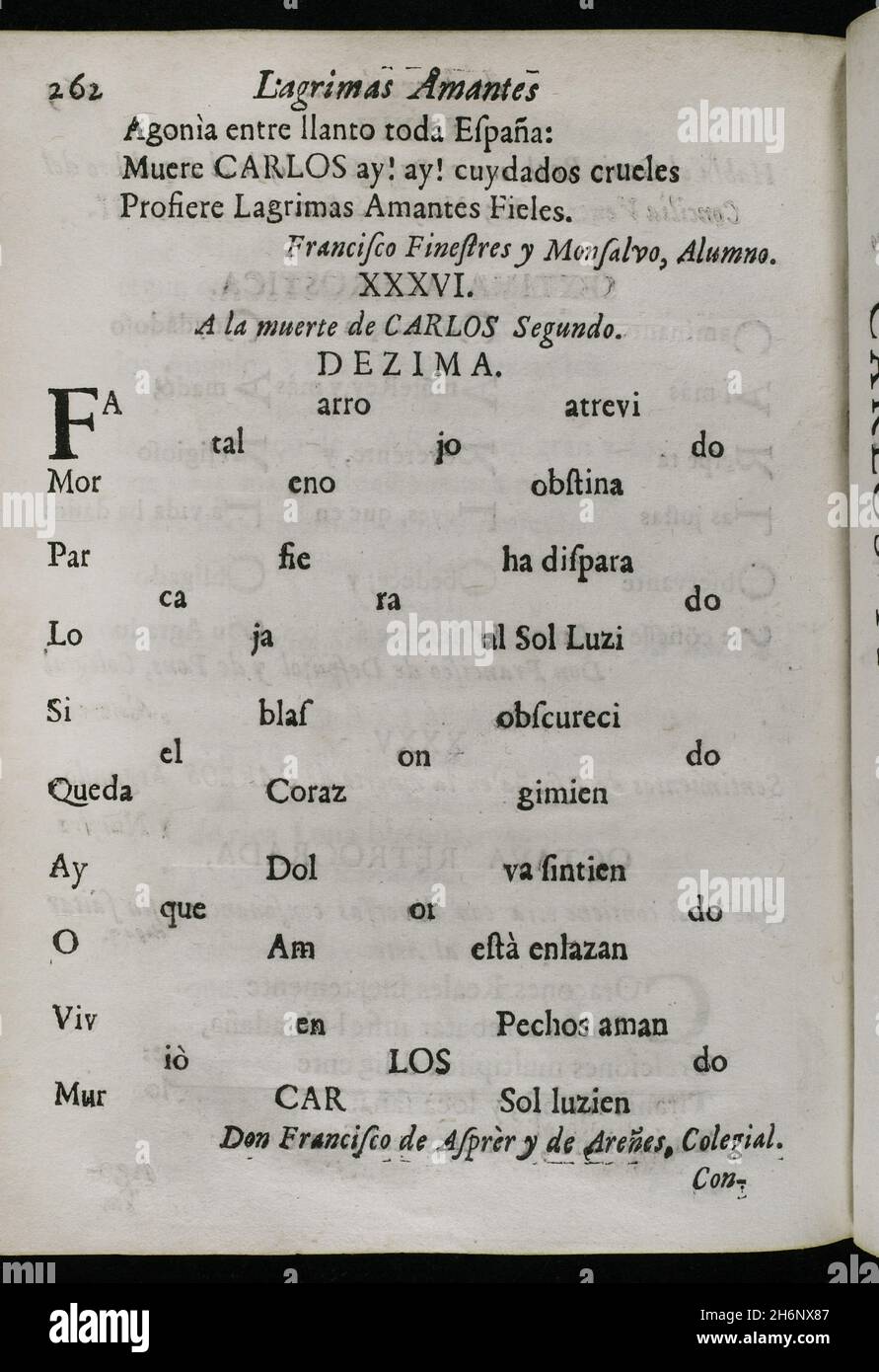 Storia della Spagna. Décima alla morte di Re Carlo II di Francisco de Asprer y de Arenes. Lacrime d'amore, versate dall'eminente città di Barcellona... nei magnifici rituali di lutto dedicati all'amata e venerata memoria del suo defunto Re e Signore, don Carlos II… ('Lagrimas amantes de la excelentissima ciudad de Barcelona, con que agradecida a las reales finezas y beneficios, demuestra su amor y su dolor, en las magnificas exequas que celebró a las amadas y venerables memorias de su funto Rey y Señor, D. Carlos II'). Di Josep Rocaberti. Edizione a Barcellona, nella stampa di Juan Foto Stock