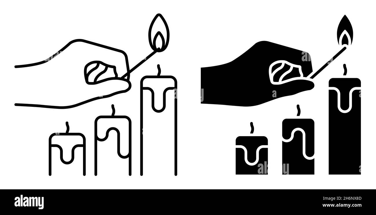 Icona lineare. La mano tiene la partita bruciante sopra le candele. Preparandosi per la festa, accendendo le candele. Semplice vettore bianco e nero isolato su fondo bianco Illustrazione Vettoriale