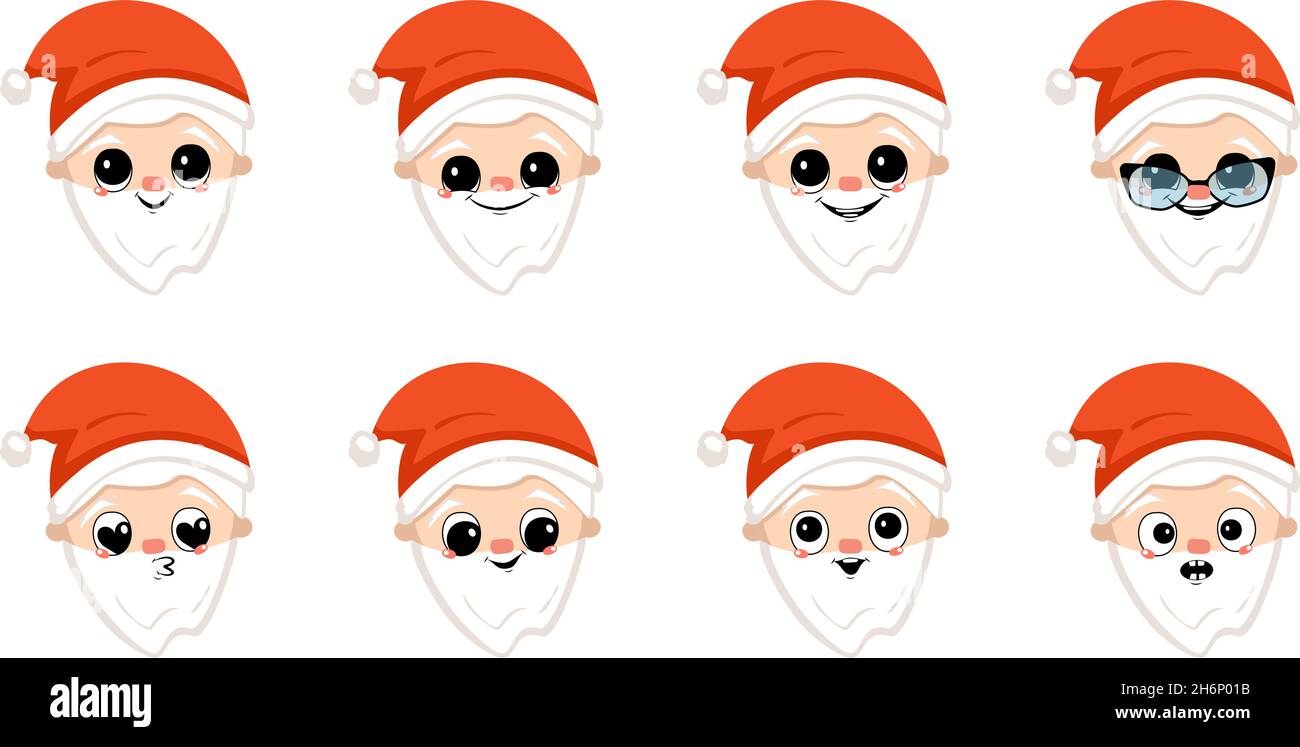 Babbo Natale con sorriso felice in berretto rosso. Carino personaggio con volto gioioso in costume festivo per Capodanno e Natale. Testa con insieme di emozioni divertenti e spaventate. Illustrazione piatta vettoriale Illustrazione Vettoriale