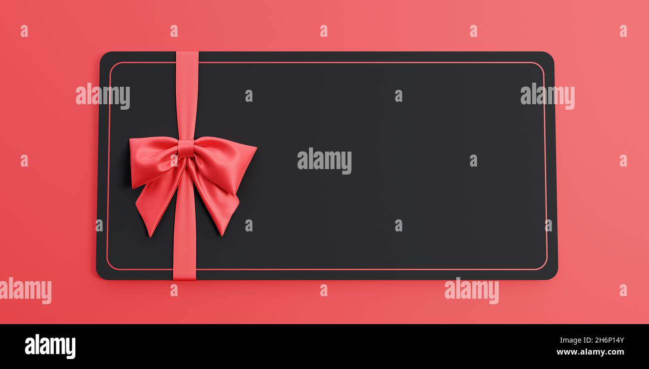 Buono regalo nero vuoto o buono regalo con arco rosso a nastro isolato su sfondo rosso pastello immagine 3D rendering Foto Stock