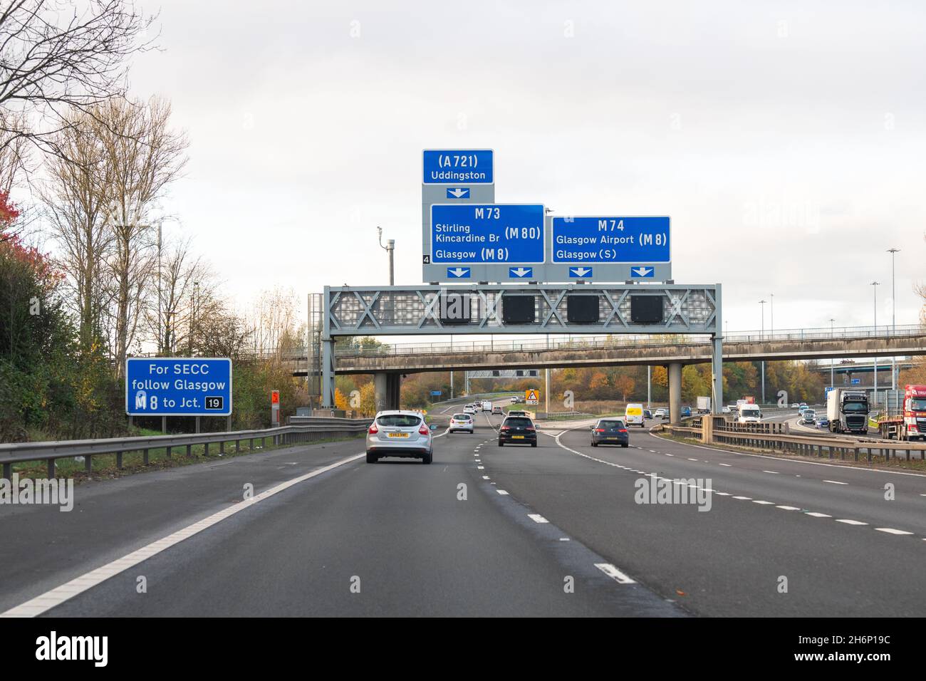 Autostrada M74, uscita 4, Glasgow, Scozia, Regno Unito Foto Stock