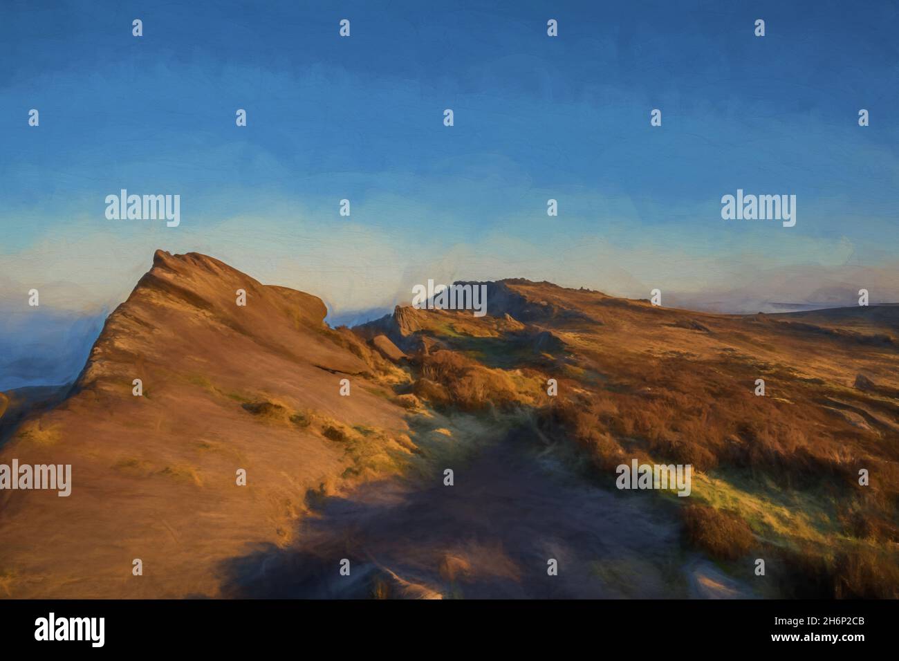 Dipinto digitale ad olio di un'inversione di temperatura al Roaches all'alba durante la primavera nello Staffordshire, Peak District National Park, Regno Unito. Foto Stock