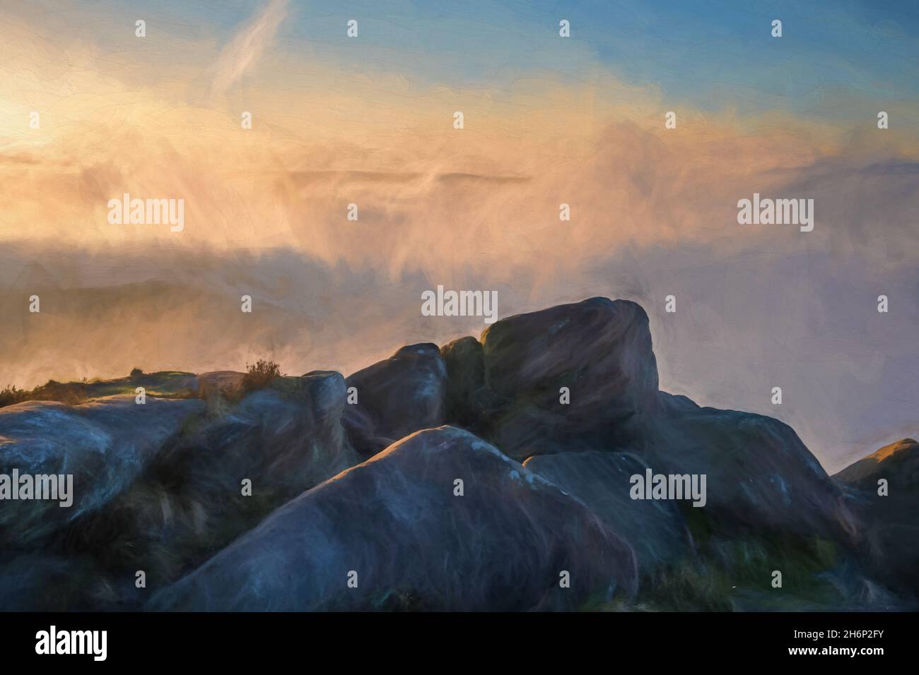 Dipinto digitale ad olio di un'inversione di temperatura al Roaches all'alba durante la primavera nello Staffordshire, Peak District National Park, Regno Unito. Foto Stock