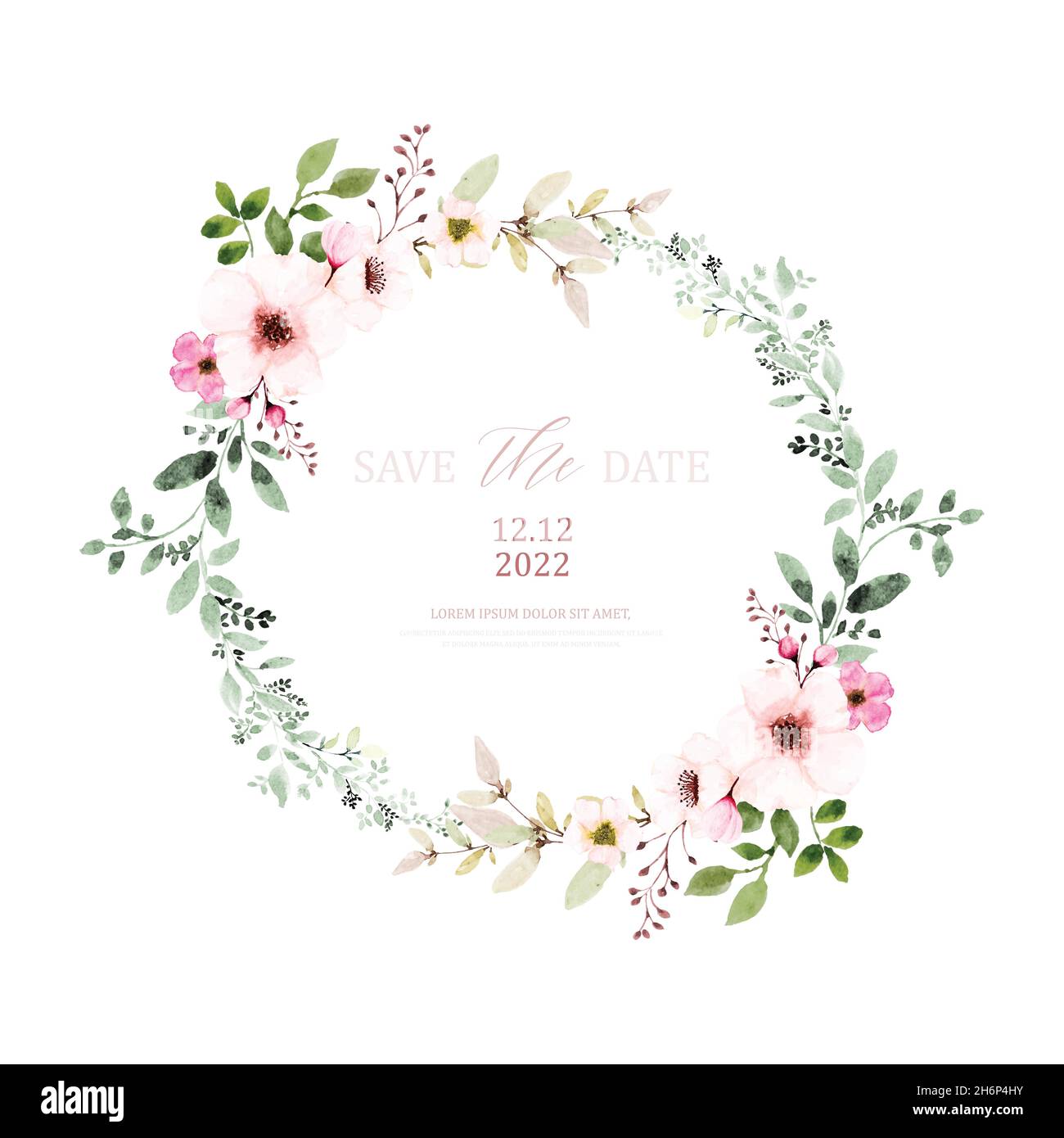 Wreath watercolor design con fiori rosa e foglie. Acquerello dipinto a mano con bouquet floreale isolato su sfondo bianco. Adatto per matrimoni Illustrazione Vettoriale