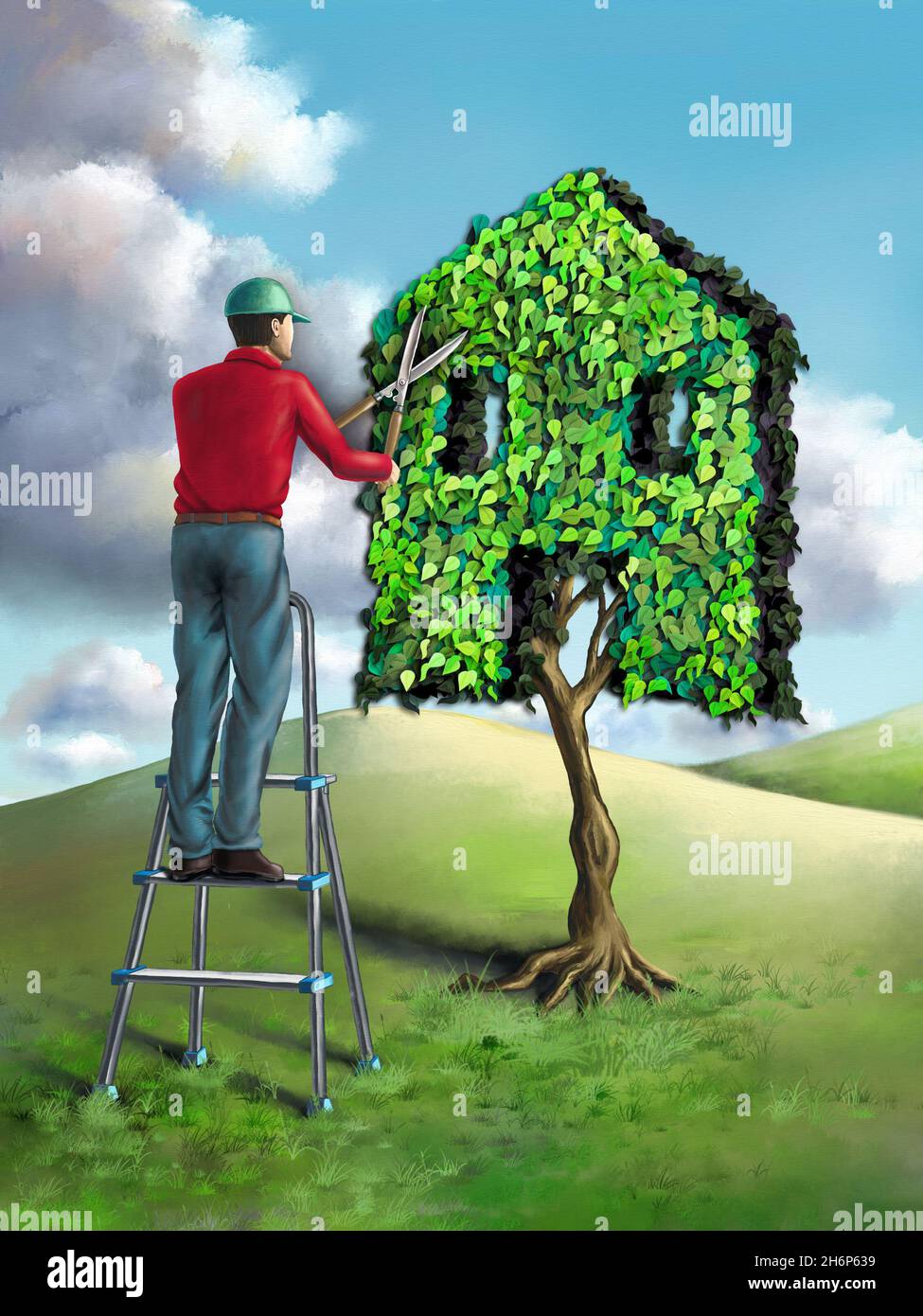 Giardiniere che forma un piccolo albero come una casa. Illustrazione digitale. Foto Stock