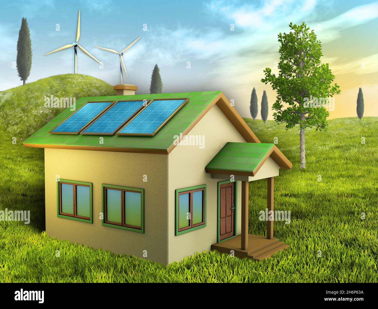 Fonti di energia rinnovabile per una vita sostenibile. Illustrazione digitale. Foto Stock