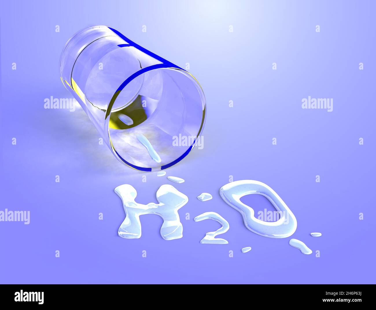 Simbolo chimico dell'acqua, formato da gocce d'acqua. Illustrazione digitale. Foto Stock