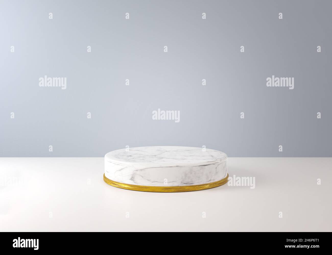 Podio in marmo con anello dorato. Vetrina a piedistallo di lusso per i prodotti. Piattaforma in marmo bianco. Rendering 3D. Foto Stock