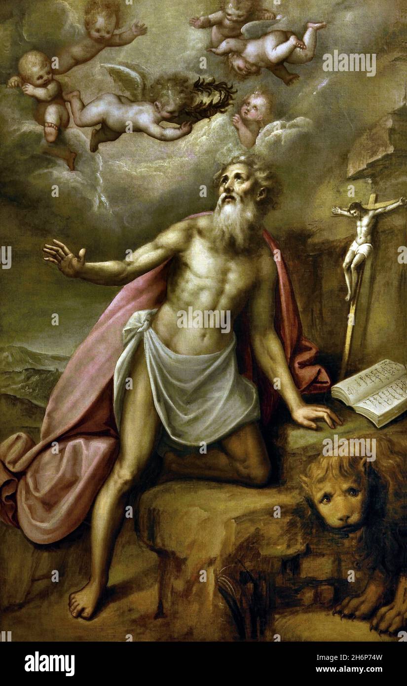 San Gerolamo - San Gerolamo 1598 di Guglielmo Cassia chiamato Moncalvo Italia, Italiano, Gerolamo, 342 – 347 d.C., Eremita, Dottore, della Chiesa, detto anche Gerolamo di Stridone, Era sacerdote, confessore, teologo, storico, detto San Girolamo, Foto Stock