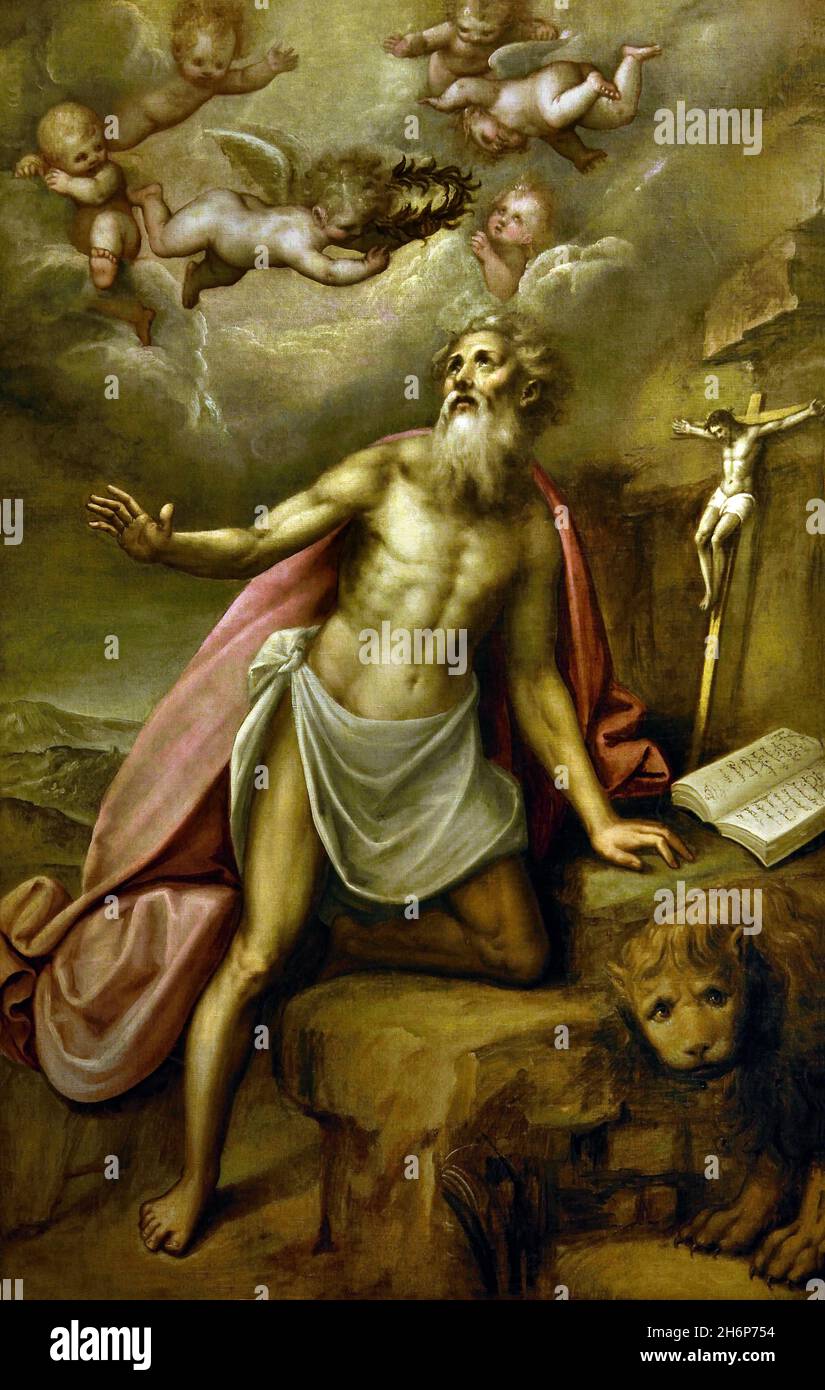 San Gerolamo - San Gerolamo 1598 di Guglielmo Cassia chiamato Moncalvo Italia, Italiano, Gerolamo, 342 – 347 d.C., Eremita, Dottore, della Chiesa, detto anche Gerolamo di Stridone, Era sacerdote, confessore, teologo, storico, detto San Girolamo, Foto Stock