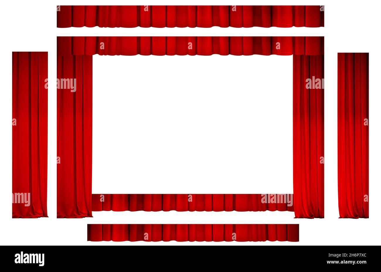 telaio con tende rosse isolato su una sagoma bianca Foto Stock
