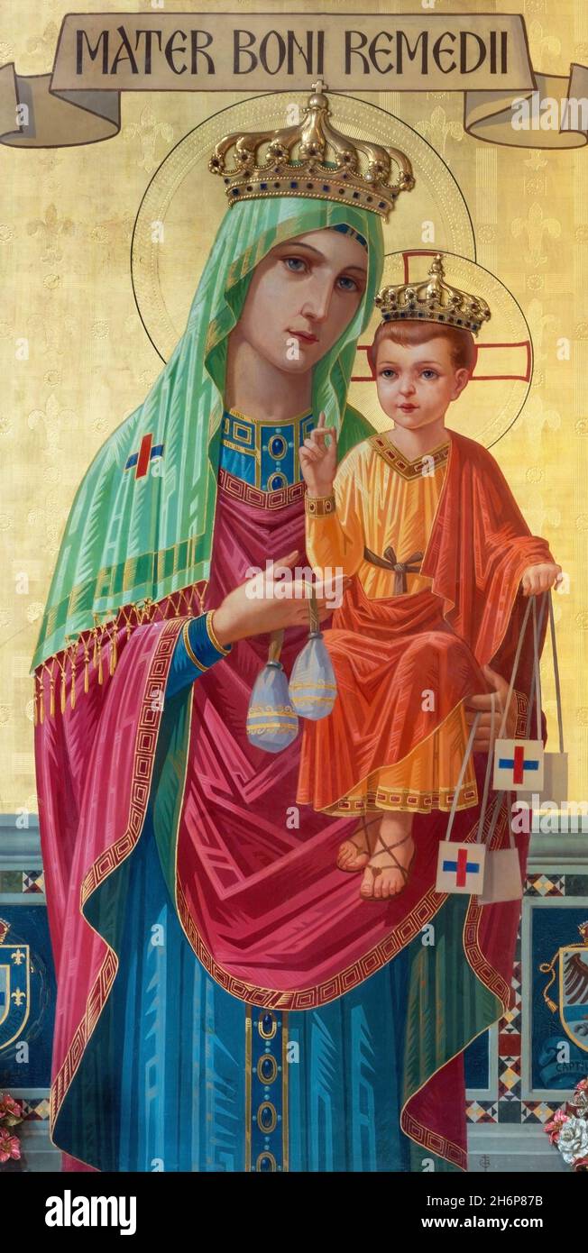ROMA, ITALIA - 29 AGOSTO 2021: Il dipinto della Madonna del buon Rimedio in stile neo-bysantine nella chiesa Basilica di San Crisogono Foto Stock