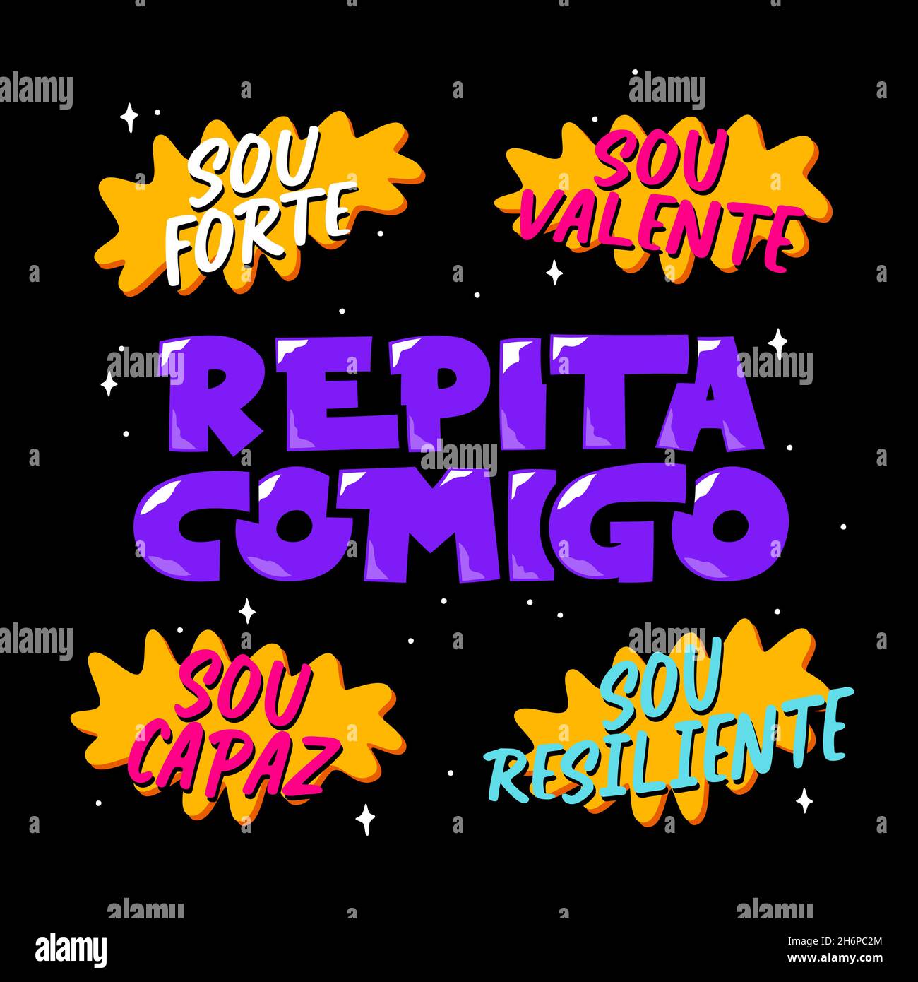 Fumetto colorato frase positiva in portoghese. Traduzione dal portoghese brasiliano: 'Sono forte, sono coraggioso, ripeto con me, 'sono capace, sono resilie Illustrazione Vettoriale