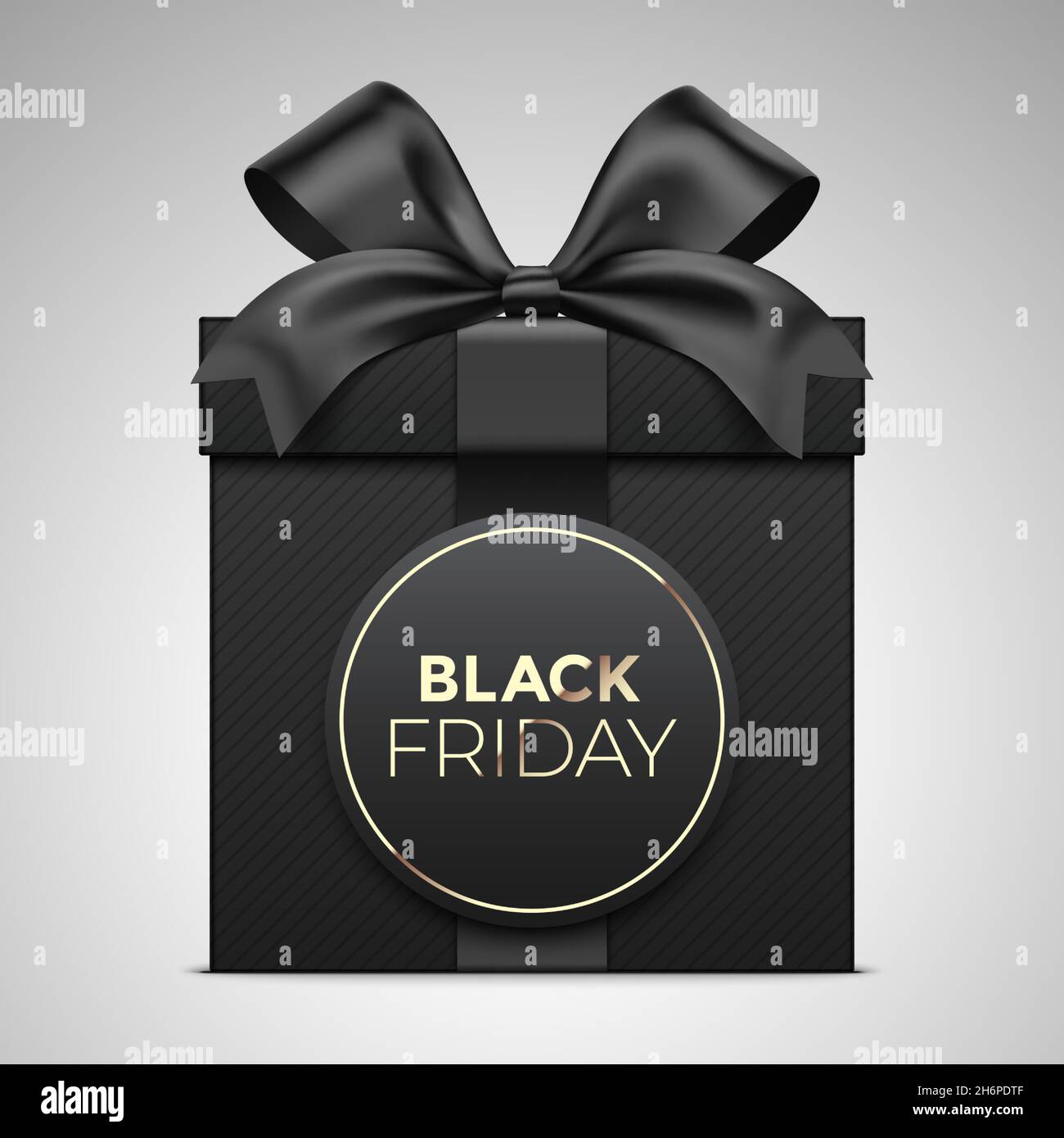 Design vettoriale per carte regalo Black Friday, con una confezione regalo nera di alta qualità avvolta con nastro satinato e etichetta ovale con lettere, posizionata su sfondo sfumato astratto. Illustrazione Vettoriale