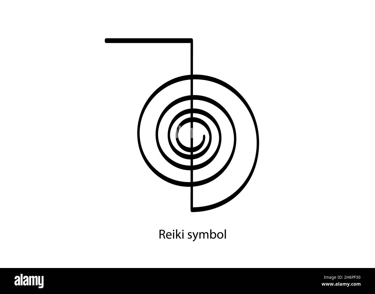 Icona del logo infografico del simbolo Reiki, un segno sacro. Energia spirituale. Medicina alternativa. Spirale mistica esoterica, vettore tatuaggio nero isolato Illustrazione Vettoriale