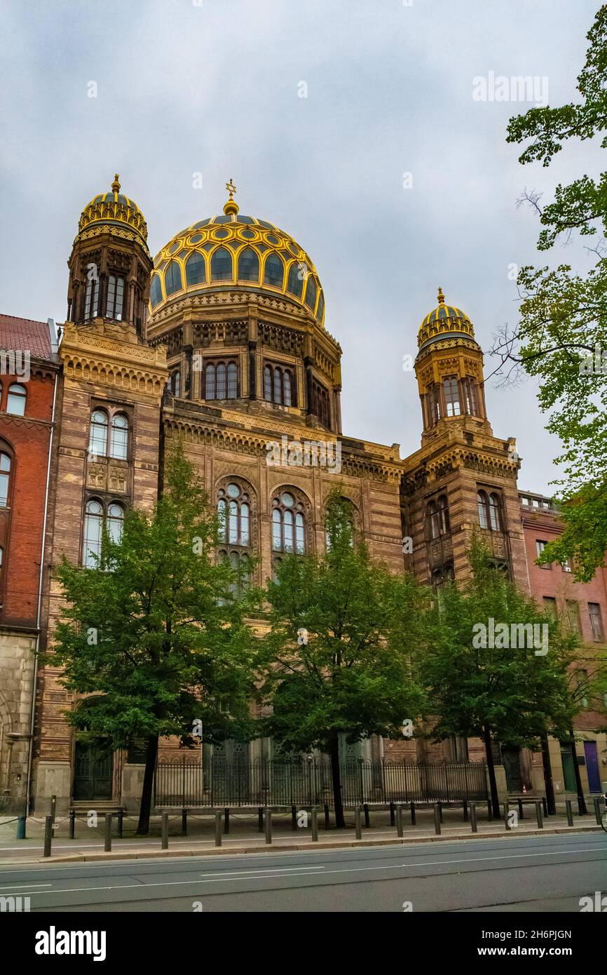 Bella vista della Nuova Sinagoga sulla via Oranienburger Straße a Berlino, in Germania, in una giornata nuvolosa. La cupola principale della sinagoga, con le sue costolette dorate,... Foto Stock