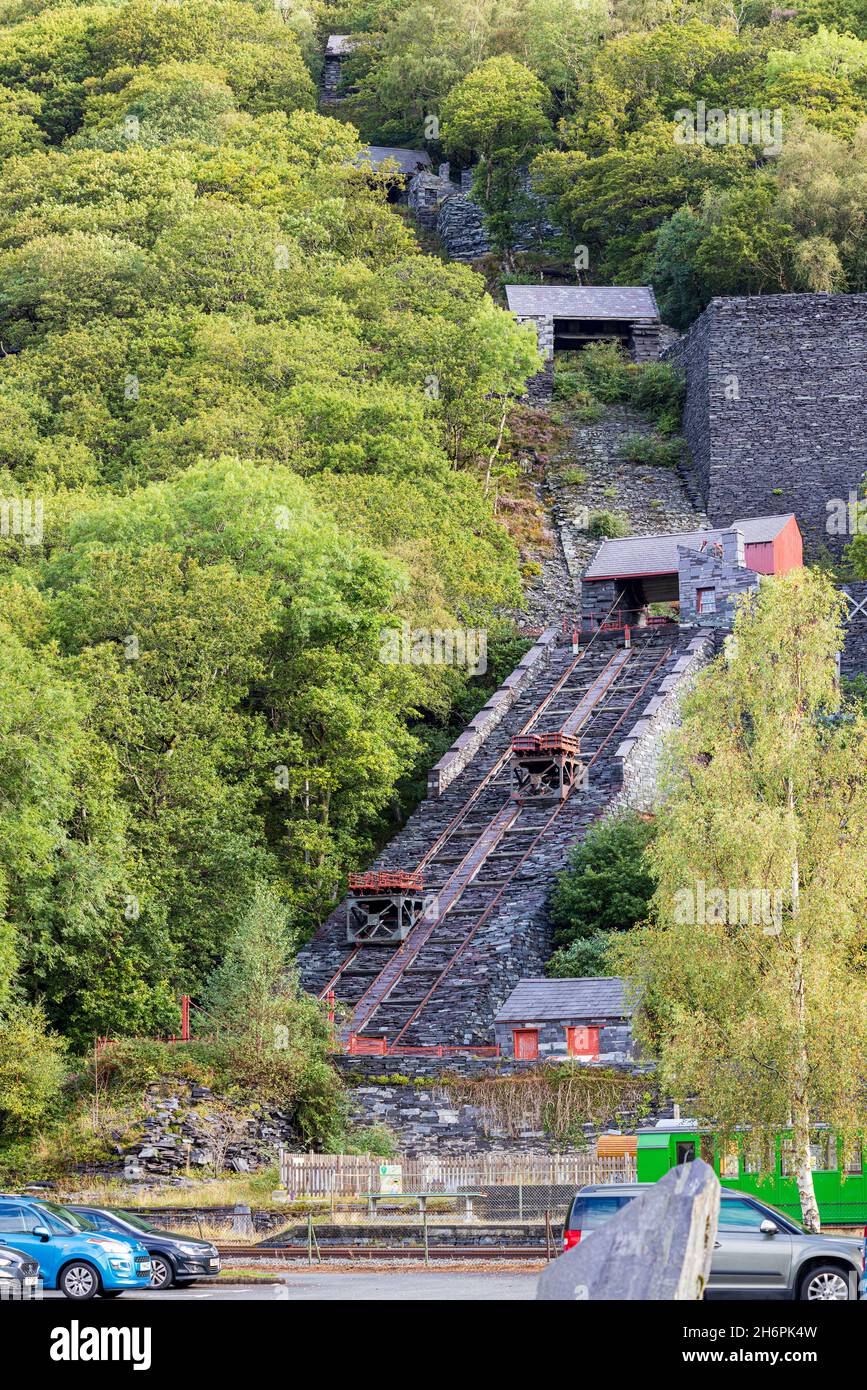 Sistema di carrelli inclinati per la movimentazione dell'ardesia presso il National Slate Museum, Padern, Llanberis, Wales, UK, Foto Stock