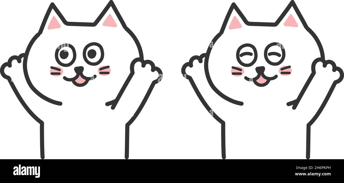 Felicissimi gatti bianchi hanno le braccia nell'aria. Illustrazione vettoriale isolata su sfondo bianco. Illustrazione Vettoriale