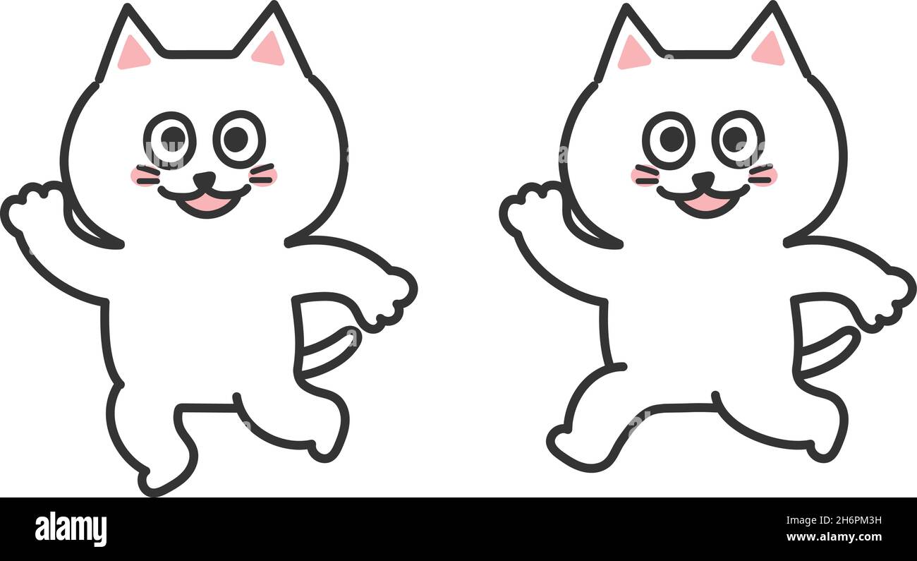 Set di gatto bianco che agita la mano con gioia. Illustrazione vettoriale isolata su sfondo bianco. Illustrazione Vettoriale