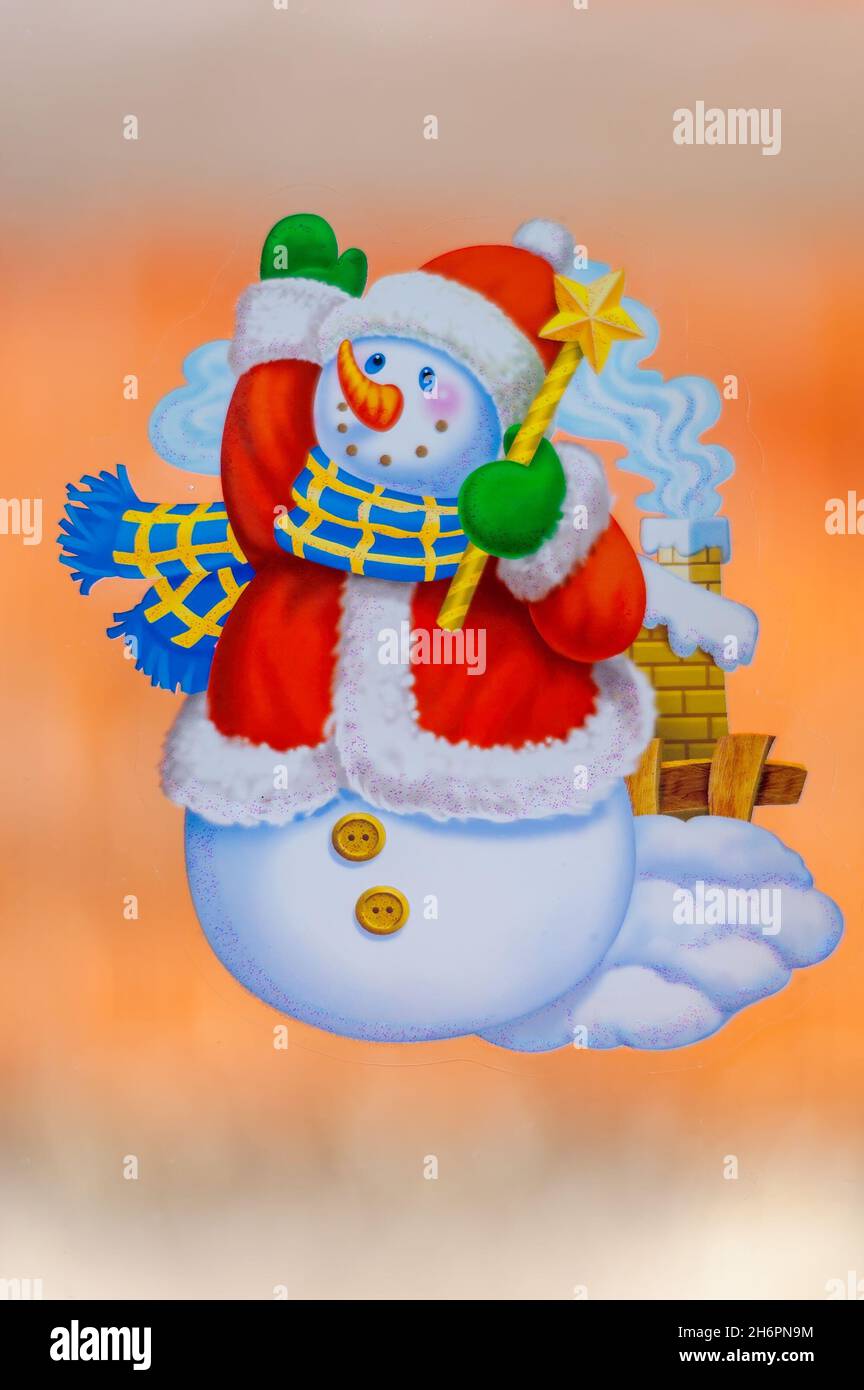 Illustrazione di un pupazzo di neve con una sciarpa e una stella in mano, vetrofania per bambini Foto Stock