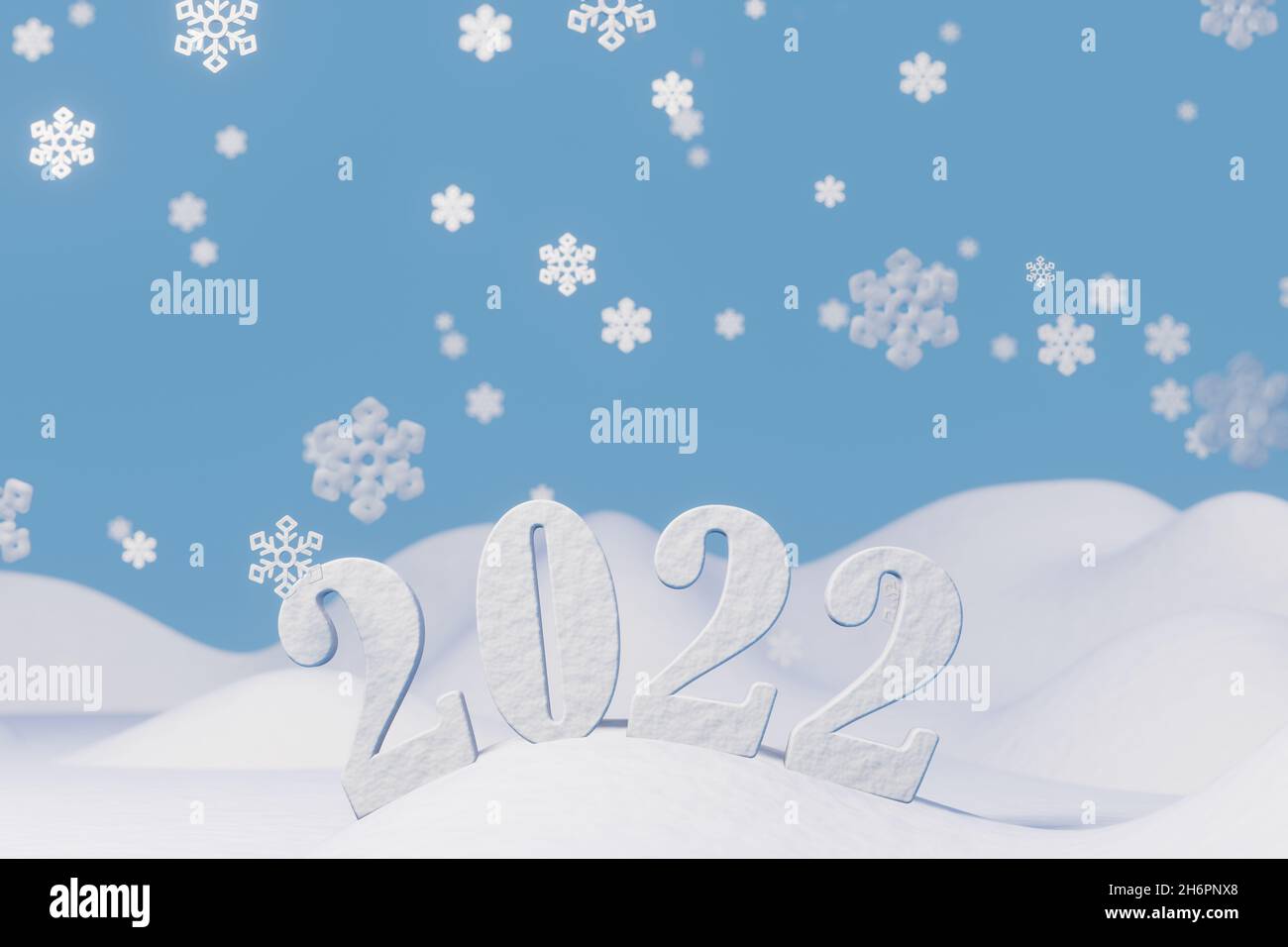 Celebrazione del nuovo anno 2022, testo in una scena invernale, illustrazione 3D Foto Stock