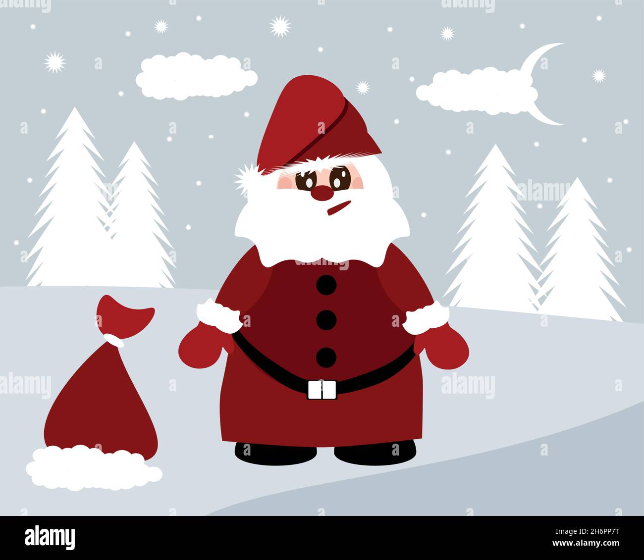 Divertente Babbo Natale con una barba grigia in abito rosso con cintura, con una borsa di regali, su sfondo grigio Natale. Natale e Capodanno. Ve Illustrazione Vettoriale