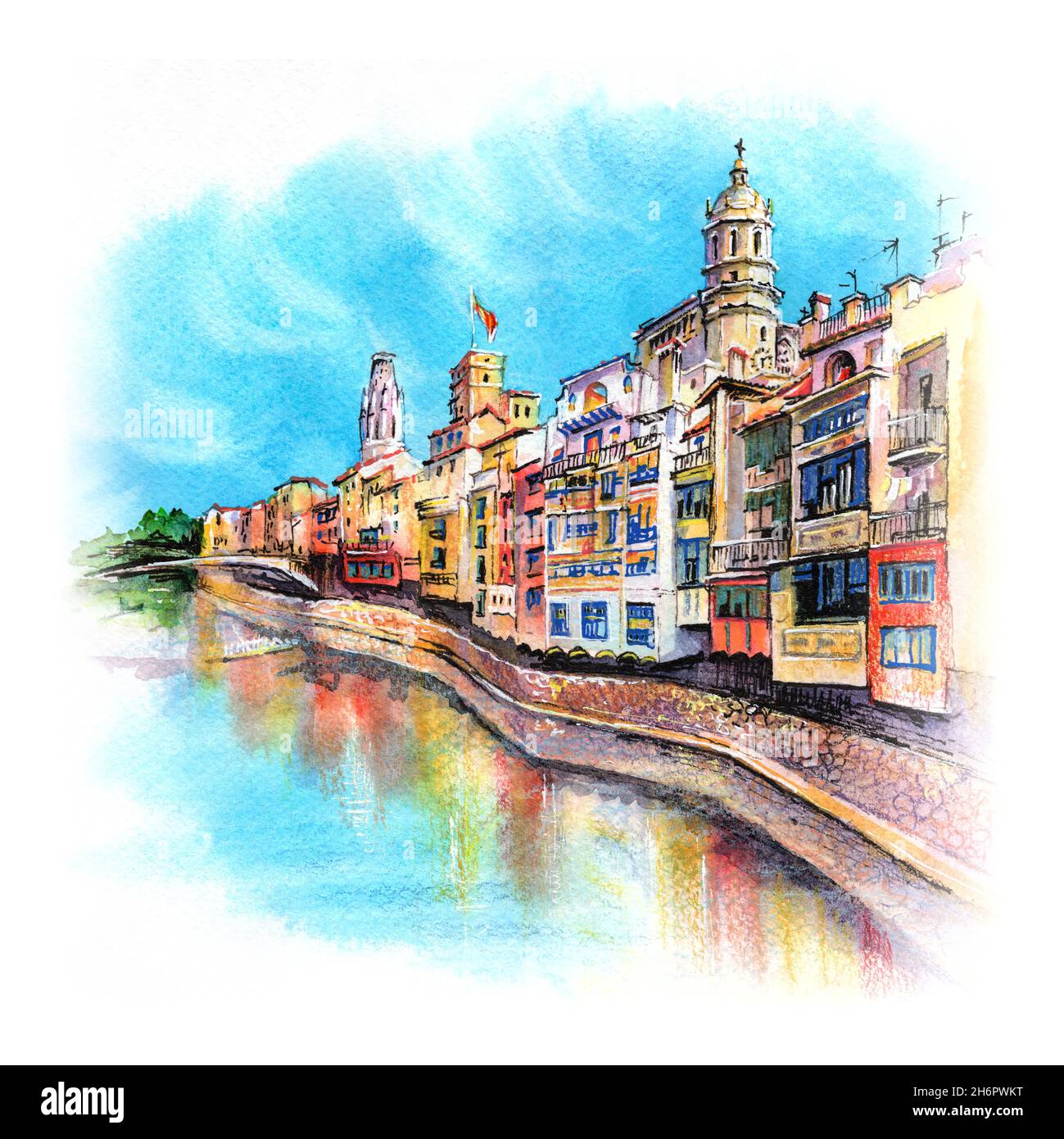 Acquerello di case famose e pittoresche che si affacciano sul fiume Onyar, Girona, Catalogna, Spagna Foto Stock