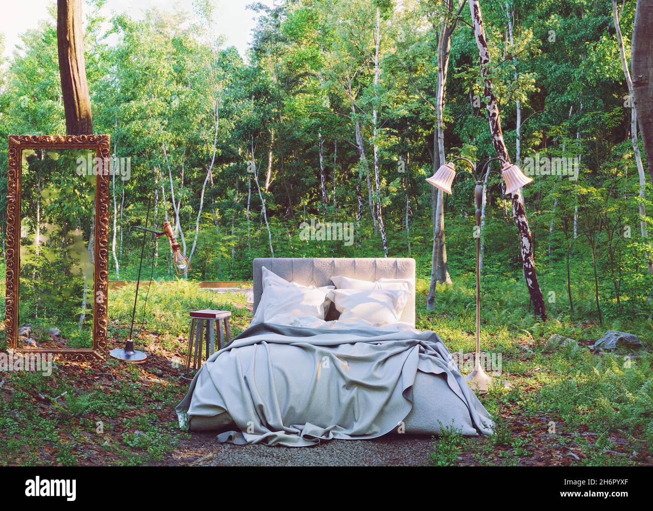 letto nella foresta. Illustrazione creativa 3D Foto Stock