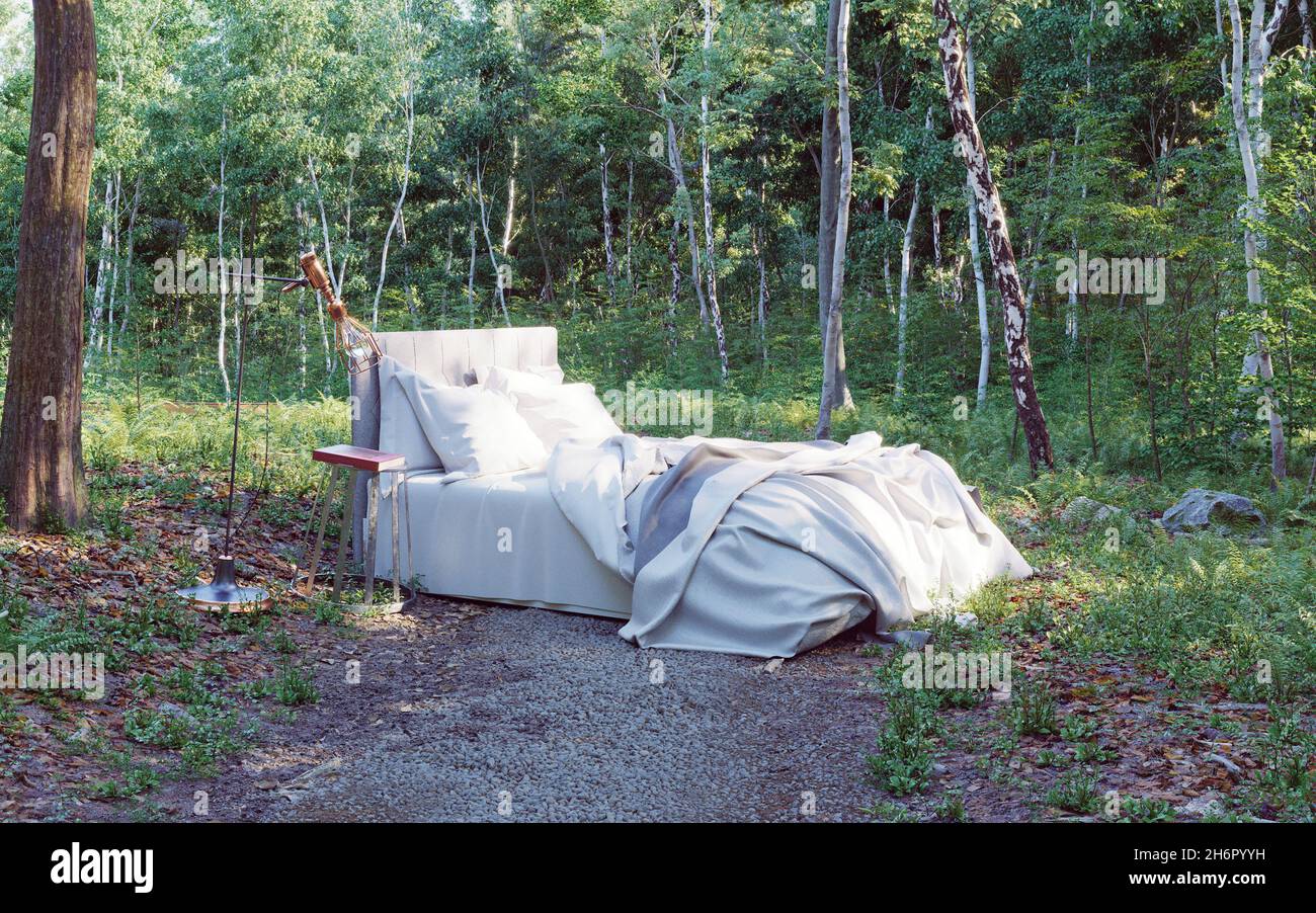 letto nella foresta. Illustrazione creativa 3D Foto Stock
