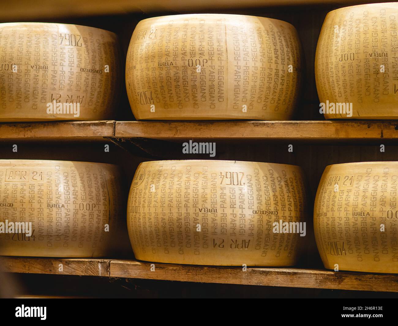 parmigiano Parmigiano Reggiano ruota maturazione in azienda agricola in un ambiente speciale a Parma Foto Stock