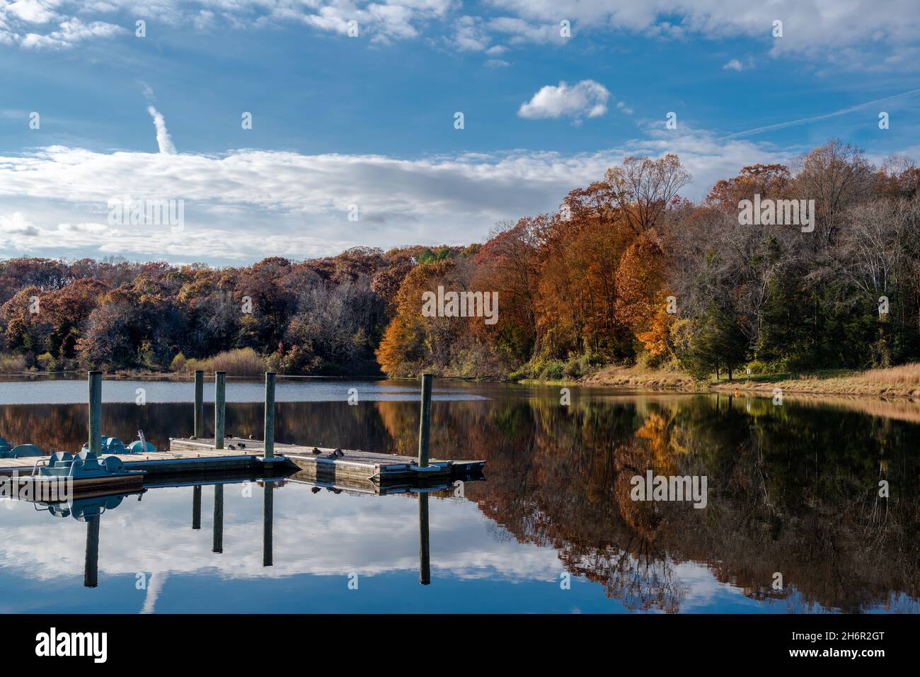 Foto di foglie che girano i colori da un lago in Virginia come la stagione cambia. Foto Stock
