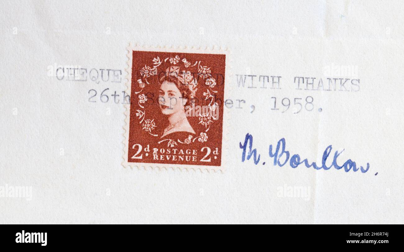 Timbro e firma della ricevuta pagata della transazione commerciale degli anni '50 Foto Stock