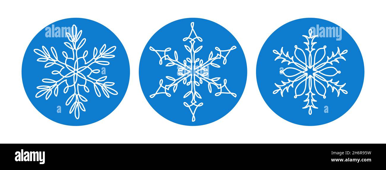 Fiocchi di neve insieme di icone, segni, simboli. Una linea continua di disegno artistico di fiocco di neve. Illustrazioni vettoriali a linea singola Illustrazione Vettoriale
