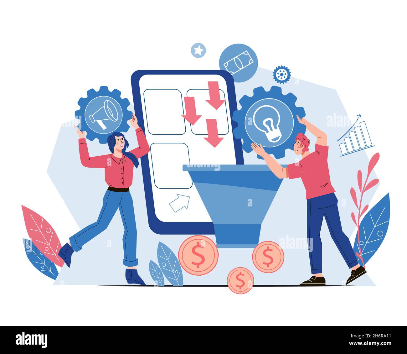 Gestione di imbuto di vendite e crescente strategia di tassi di conversione flat vettore isolato. Illustrazione Vettoriale