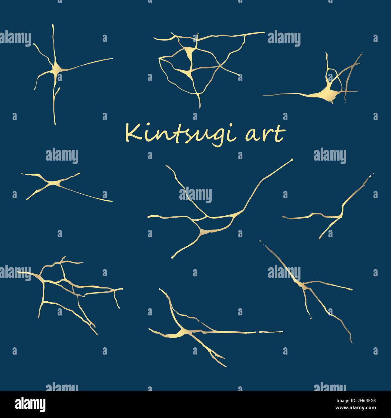 Set di motivi di texture dorati cracked su sfondo blu scuro. Kintsugi in stile giapponese. Aumento della tendenza ecologica. Grunge oro craquelure ceramiche Illustrazione Vettoriale