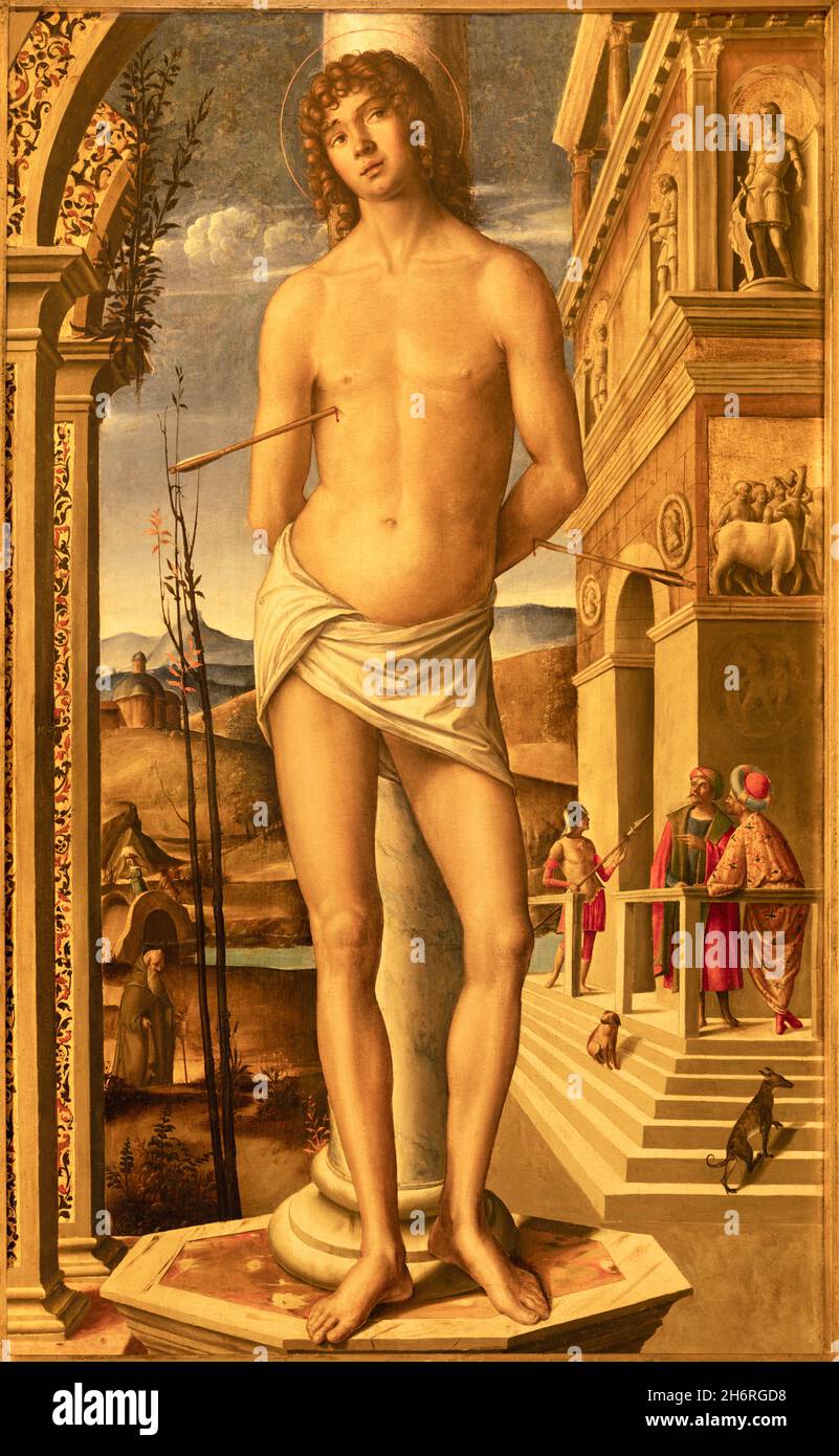 Forlí, ITALIA - 11 NOVEMBRE 2021: La sosta di San Sebastiano nella chiesa Cattedrale di Santa Croce di Nicolo Rondinelli (1470 - 1510). Foto Stock