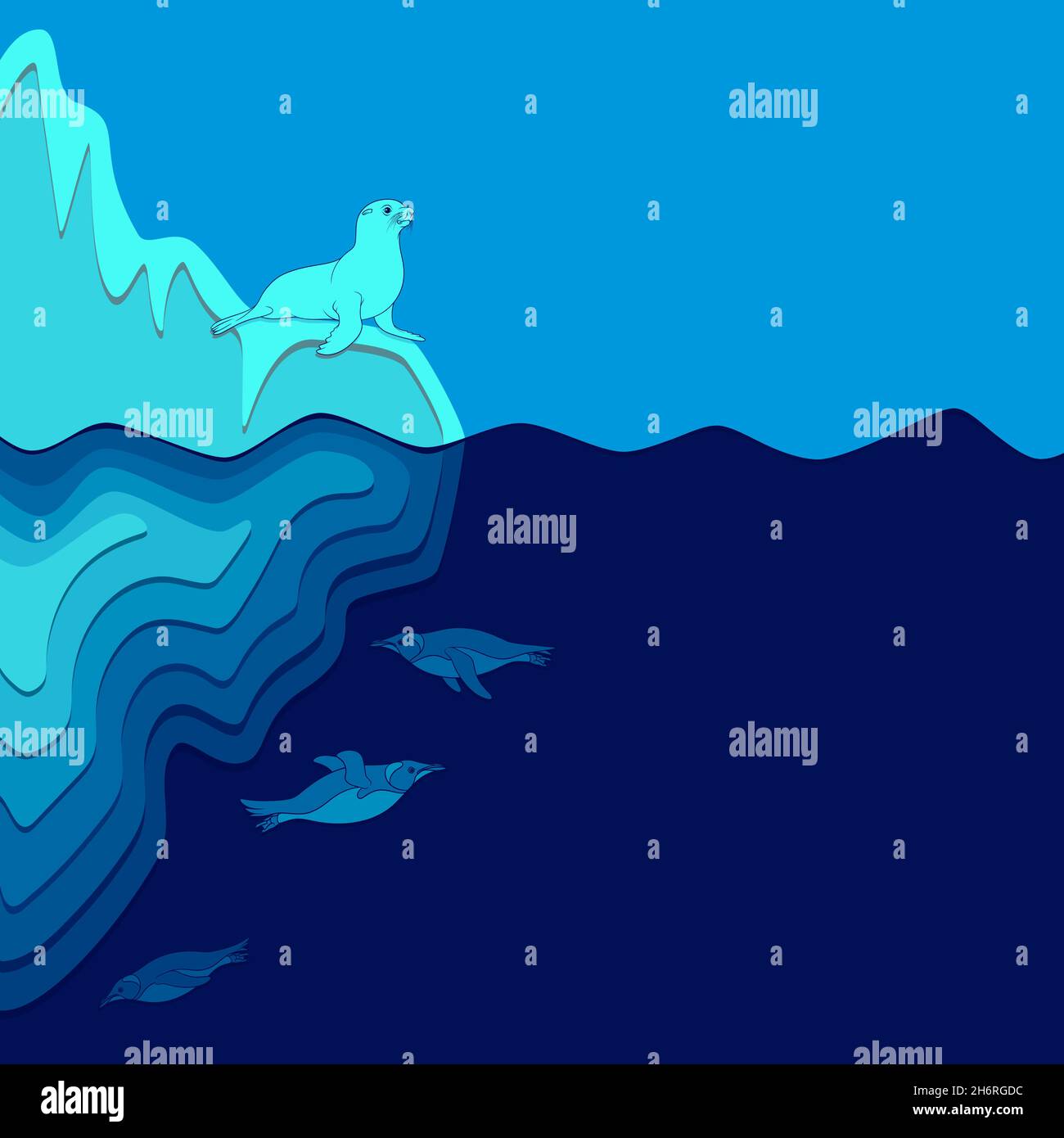 Illustrazione con iceberg, foca in pelliccia e pinguini. Sfondo vettoriale colorato con posizione per il testo. Illustrazione Vettoriale