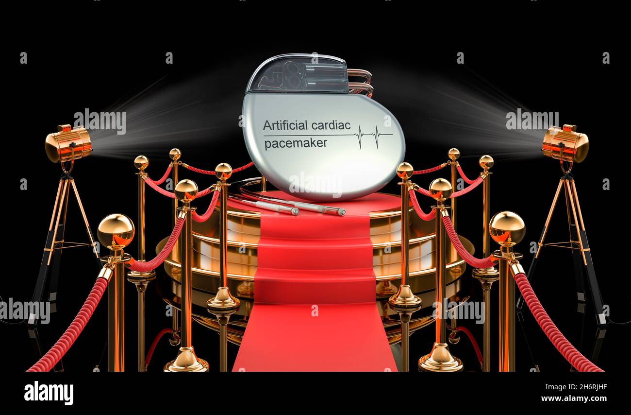 Pacemaker cardiaco artificiale sul podio, rendering 3D isolato su sfondo nero Foto Stock