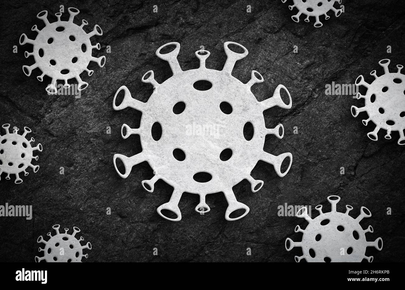 Infezione da virus della corona bianca su sfondo di pietra scura Foto Stock