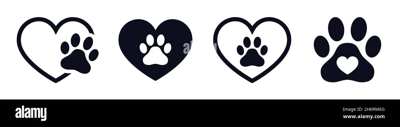 Simbolo del cuore con la stampa della zampa dell'animale domestico dell'icona del vettore del cane o del gatto Illustrazione Vettoriale
