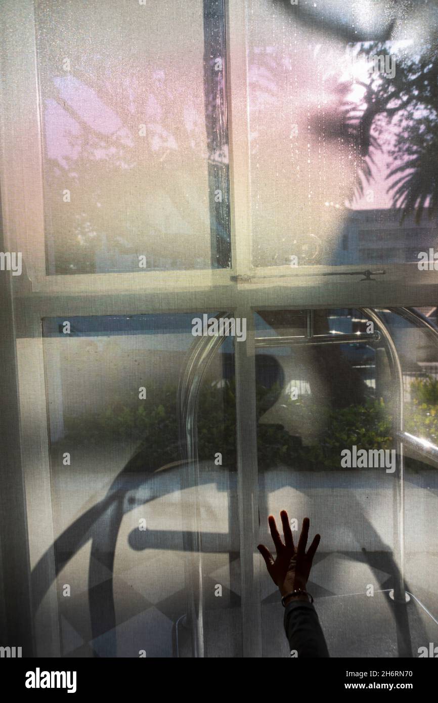 Mano del bambino, silhouette, pressata contro una finestra dell'hotel, riflessi di fogliame. Foto Stock