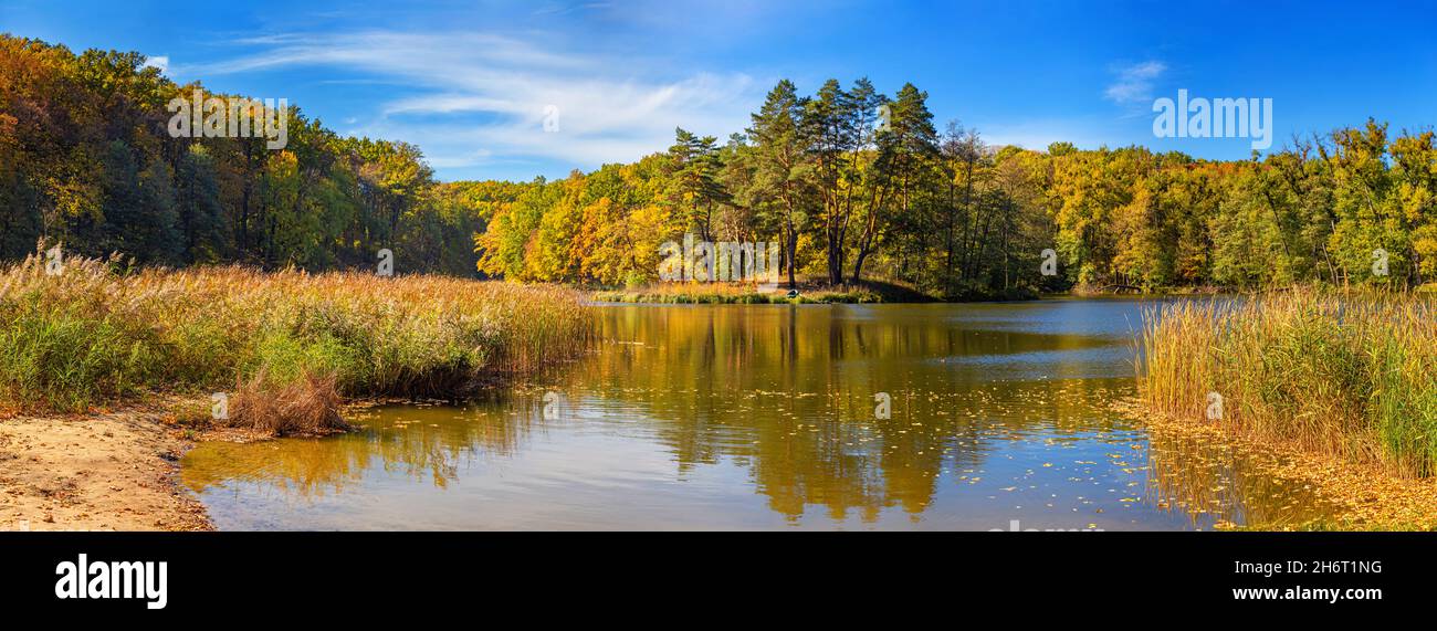 Paesaggio autunnale, panorama, banner - vista di una piccola isola sul lago con riflessi nelle acque degli alberi autunnali contro un cielo azzurro Foto Stock