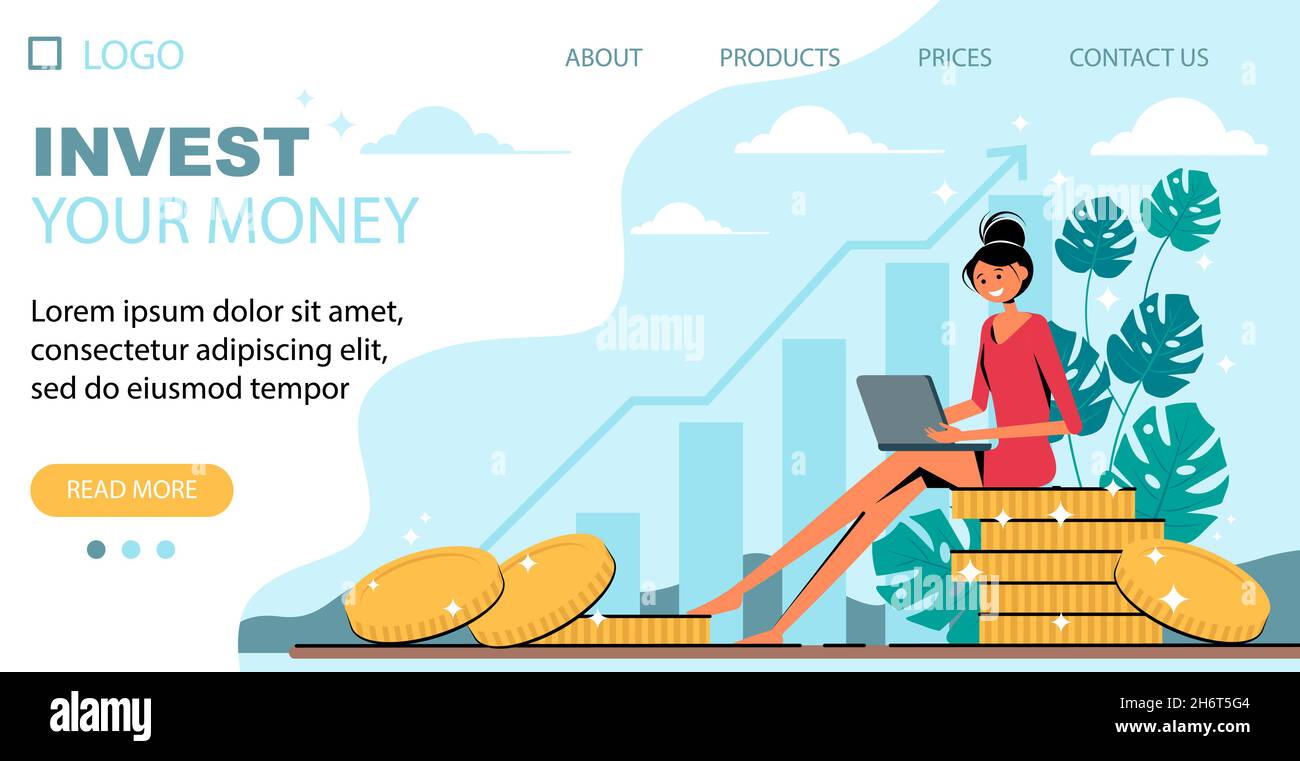 Pagina di atterraggio di investimento - illustrazione con le monete e la donna cute. Illustrazione vettoriale di concetto per investimento, banca, finanza, ricchezza cresce. Vettore. Illustrazione Vettoriale