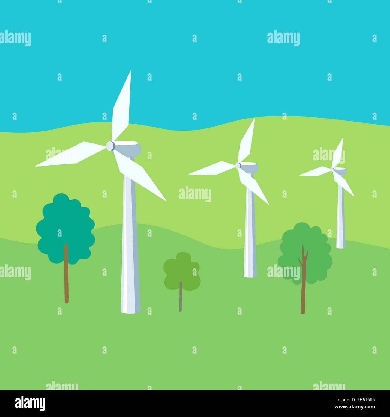 Turbine eoliche. Fonti di energia elettrica rinnovabili. Centrale eolica su sfondo verde. Concetto industriale eco-energetico. Illustrazione Vettoriale