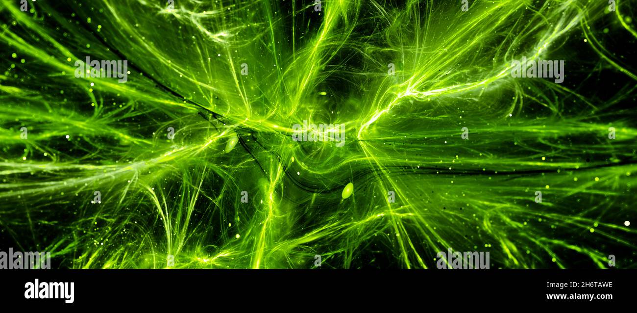 Verde incandescente vibrante energia interstellare campi forza banner, materia, antimateria materia scura ed energia scura, astratto sfondo frattale, computer g Foto Stock