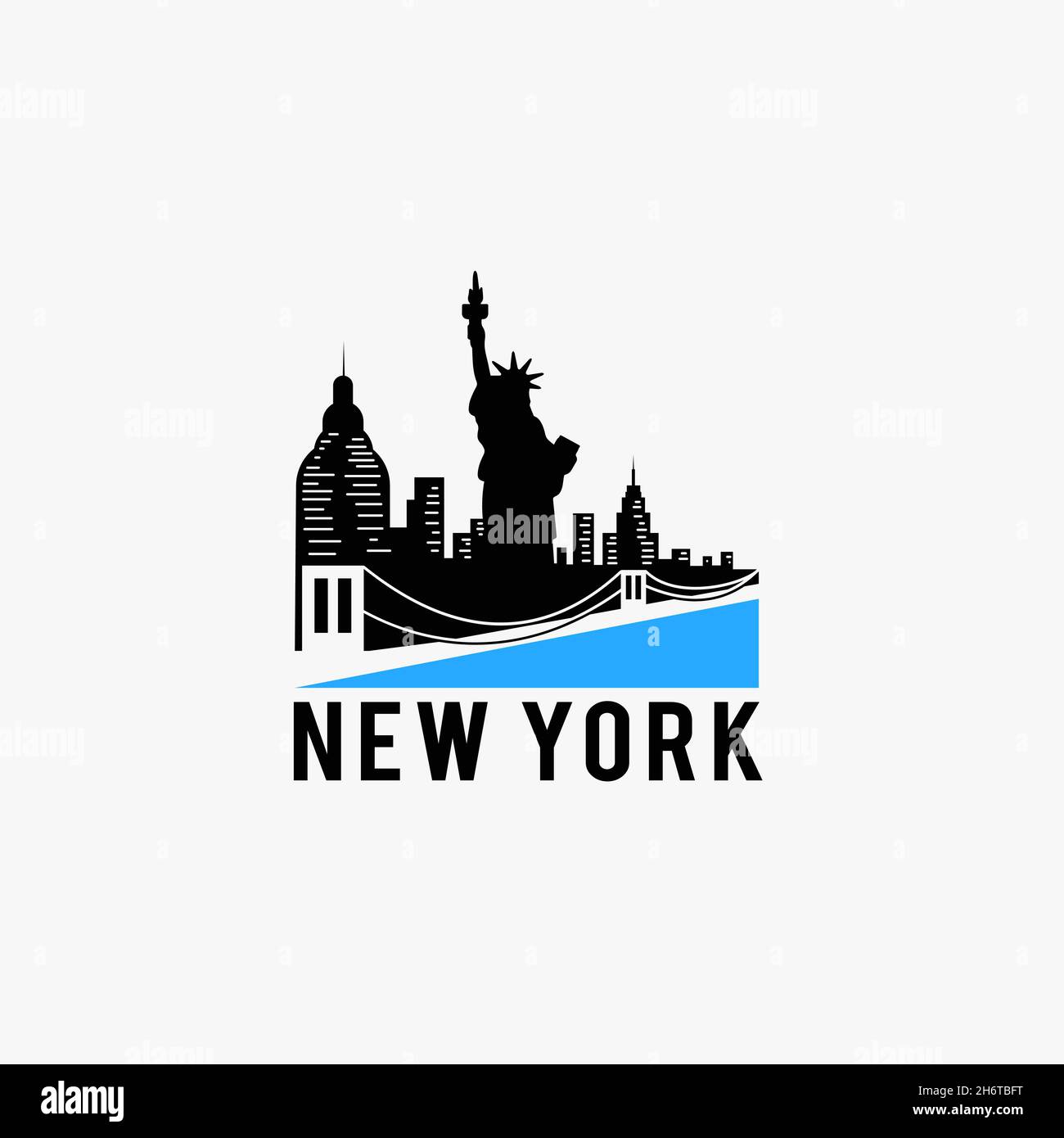 Logo città con silhouette dello skyline di New York, stampa T-shirt Brooklyn Bridge, grafica vettoriale Illustrazione Vettoriale