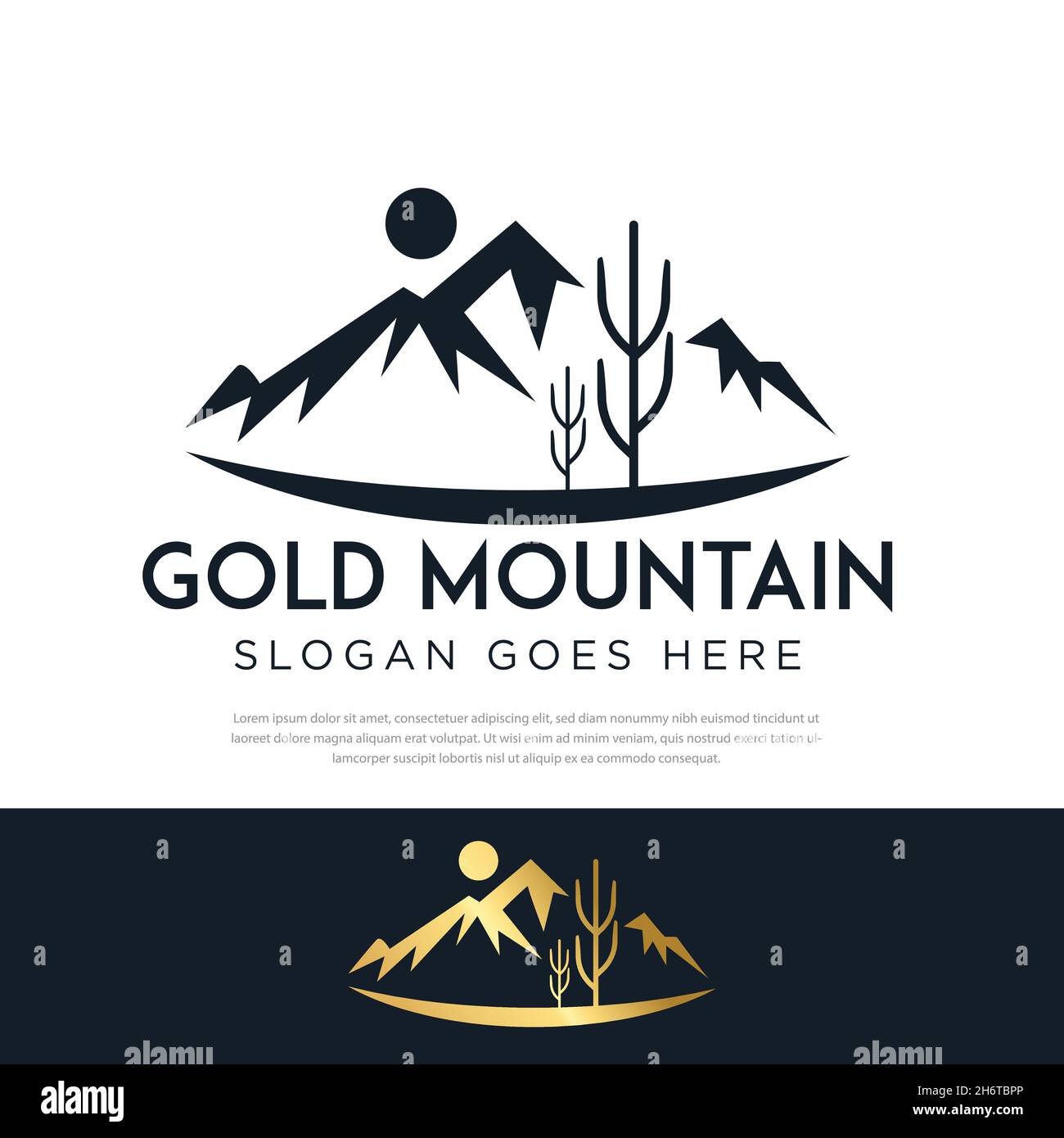 Logo oro montagna. Illustrazioni vettoriali. immagine piatta di montagne. Logo o emblema per vettore logo di viaggio Illustrazione Vettoriale